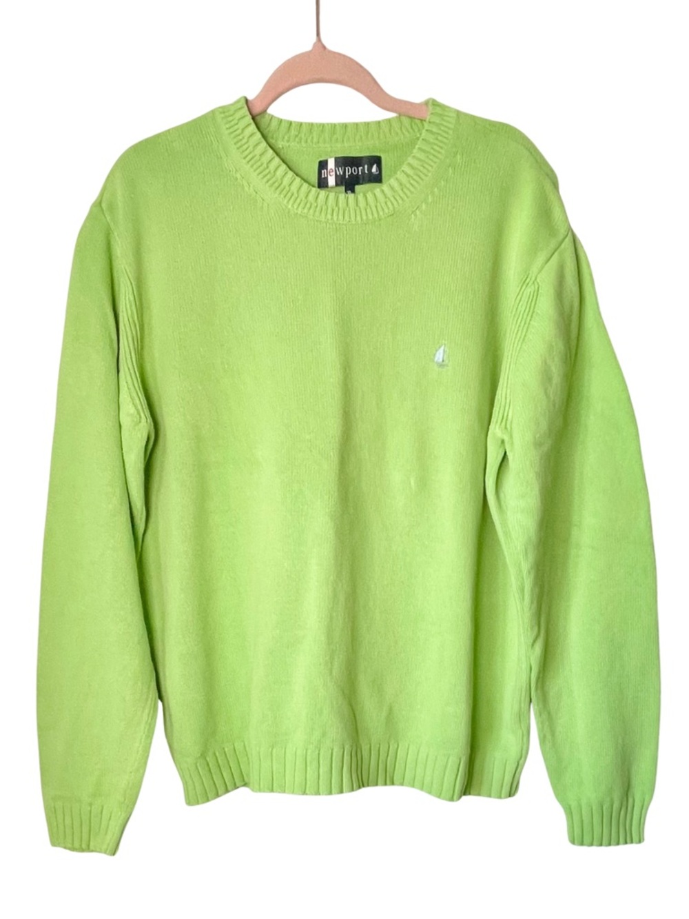 Newport Mens Crewneck Nautical Preppy Sweater Lime Green Embroidered Sailboat XL